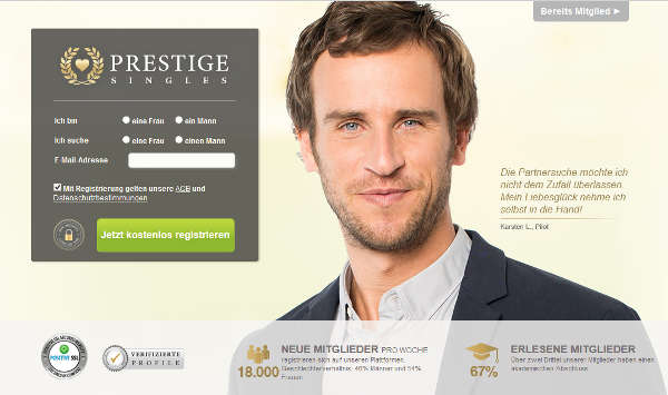 Prestige Singles Homepage Sceenshot